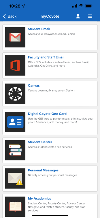 Student view screen capture of the myCoyote mobile ap