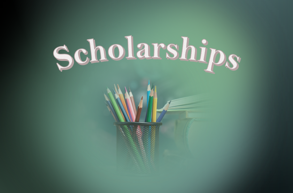 An image of pencils in a pencil holder with the curved text "scholarships" above it.
