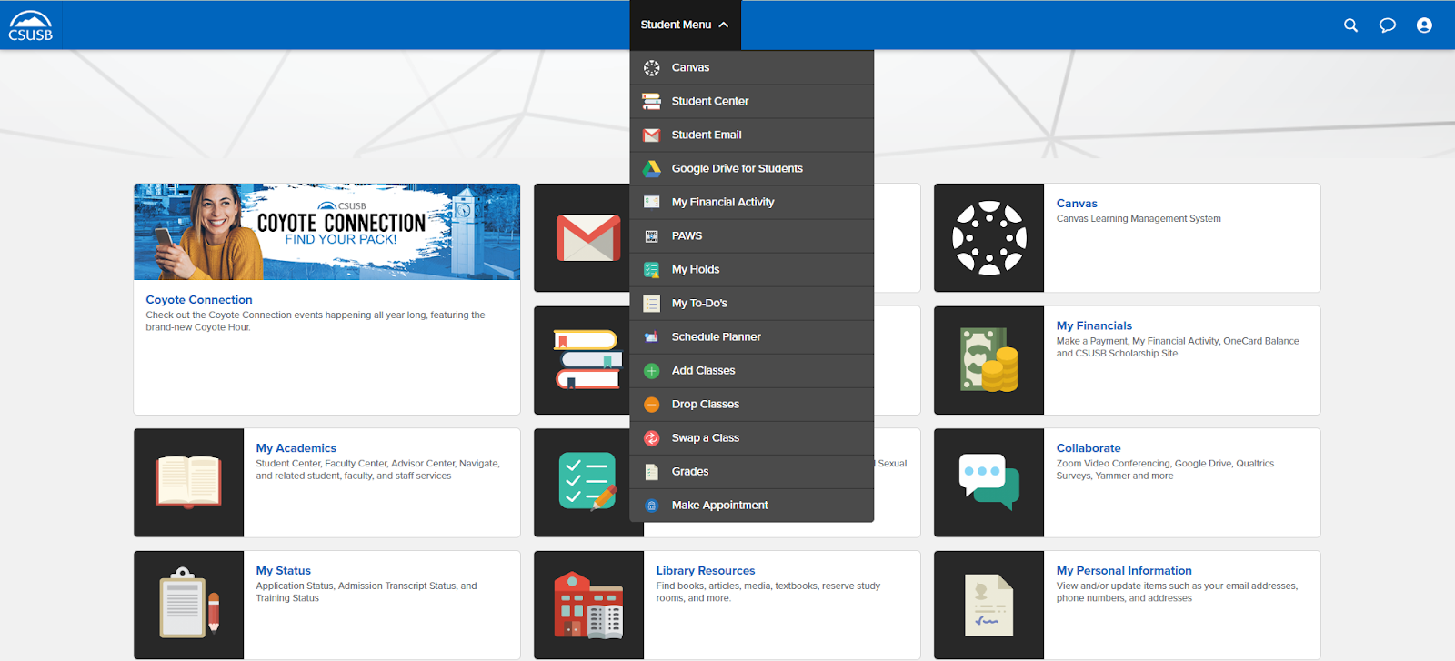 new myCoyote menu for students