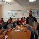 People eating lunch inside