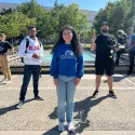 Cast in front of fountain