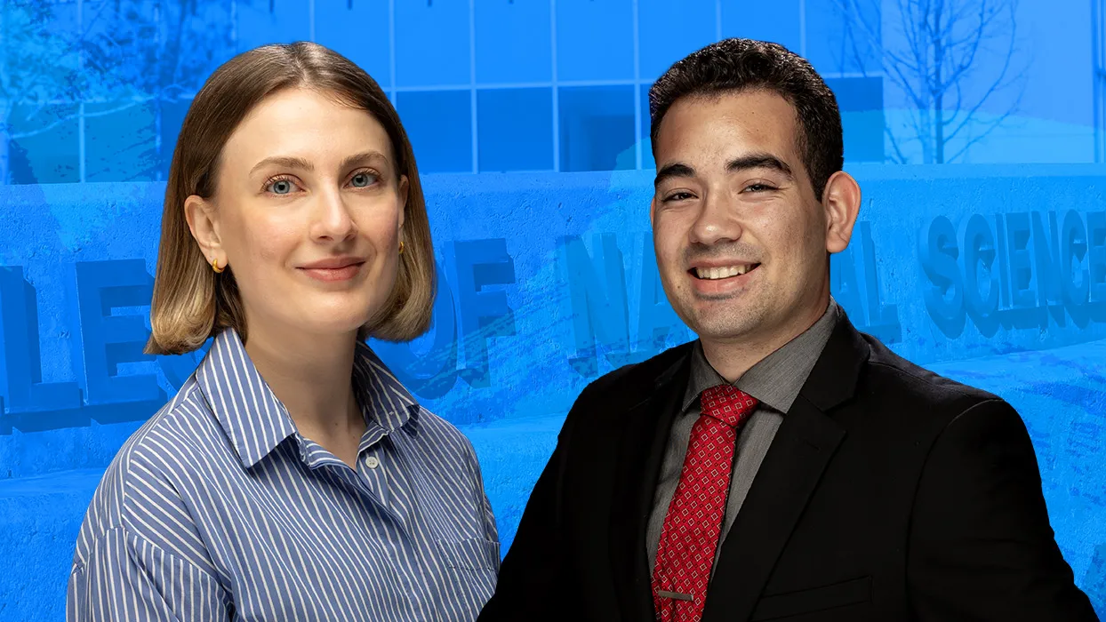 From left, Beyza Aktepe, the college’s Outstanding Graduate, and David Murillo, the Outstanding Undergraduate