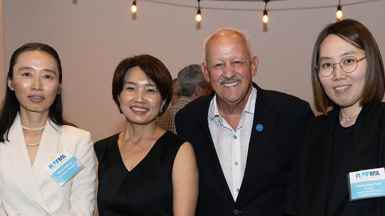 From left, Bomi Hwang, exhibit manager and lecturer of World Languages and Literatures; Hye-kyung Park, exhibit curator, Sookmyung Women’s University Museum in Seoul, South Korea; CSUSB President Tomás D. Morales; Hyeran Jung, exhibit curator, Sookmyung Women’s University Museum in Seoul, South Korea