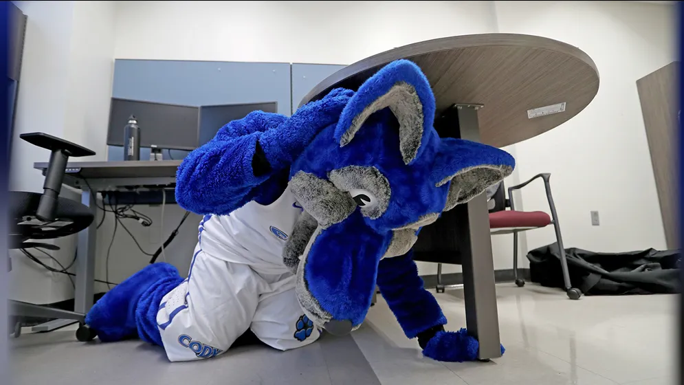 CSUSB mascot Cody at a previous Great ShakeOut earthquake drill.