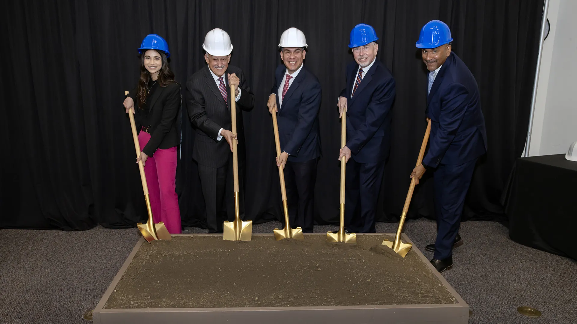 From left: Sonia Otte, founding director of the developing Master of Science in Physician Assistant program; Tomás D. Morales, CSUSB president; U.S. Rep. Pete Aguilar, D-San Bernardino; state Sen. Richard Roth, D-Riverside; Rafik Mohamed, CSUSB provost and vice president of Academic Affairs, at the ceremonial groundbreaking event on April 26 for the MSPA program’s building.
