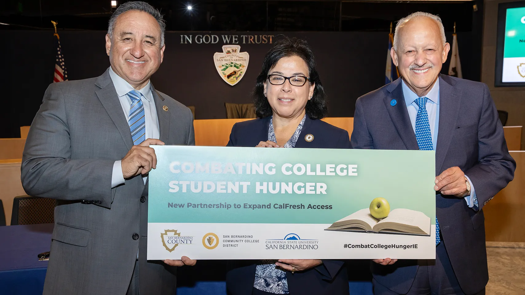 From left, Joe Baca Jr., supervisor, San Bernardino County Board of Supervisors 5th District; Diana Z. Rodriguez, chancellor, San Bernardino Community College District; and Tomás D. Morales, president, CSUSB. 