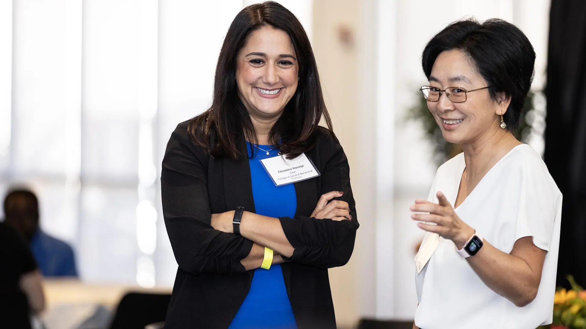 Yawen Li (at right), CSUSB professor of social work, with CSBS Dean Christina Hassija. Li recently presented a virtual talk for a forum at Peking University.