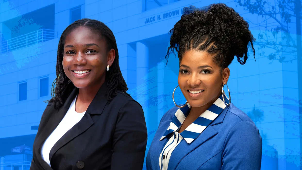 Jack H. Brown College of Business and Public Administration’s 2023-24 outstanding students, from left, Olayinka Owoseni and Sade Harper