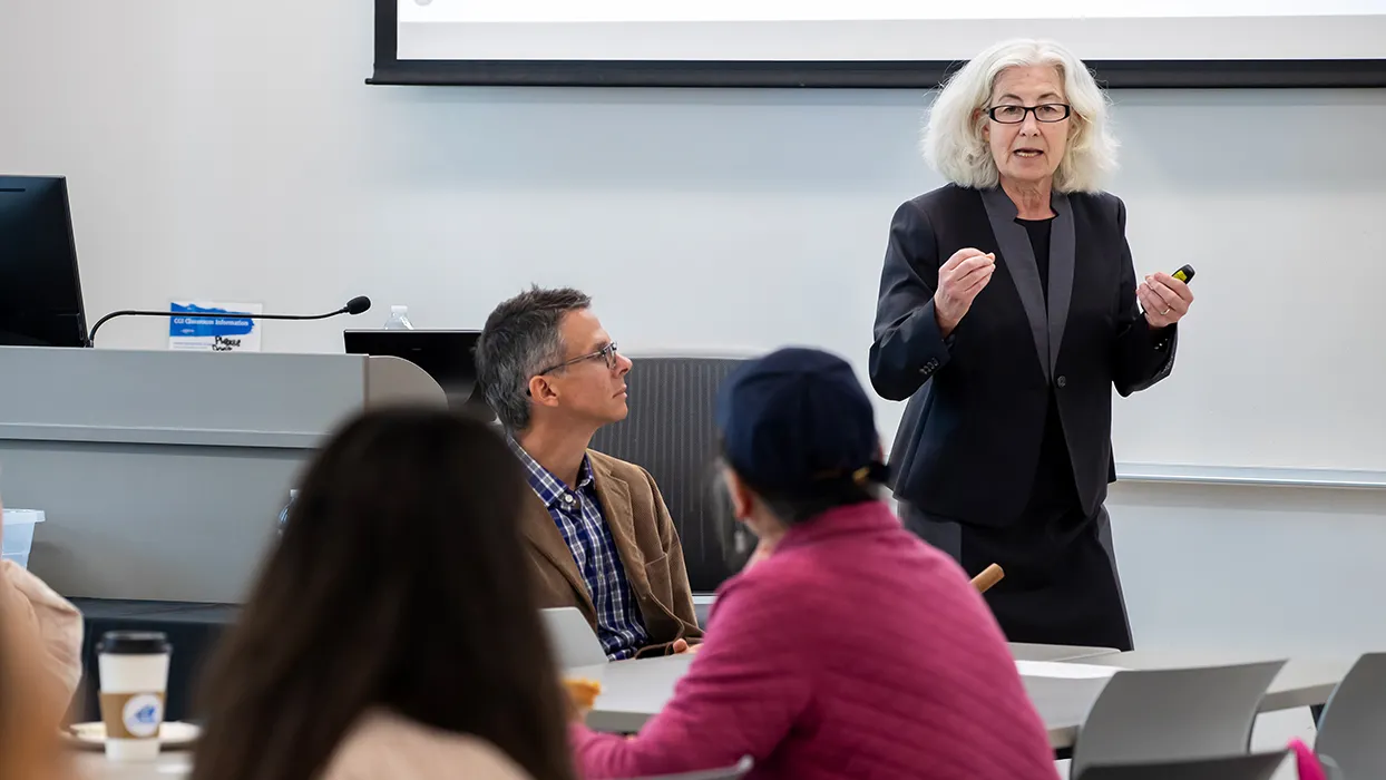 Jacqueline Coyle-Shapiro, management professor and internationally renowned scholar, engaged participants in a lively discussion at the CiviliTEA Café on Feb. 14.