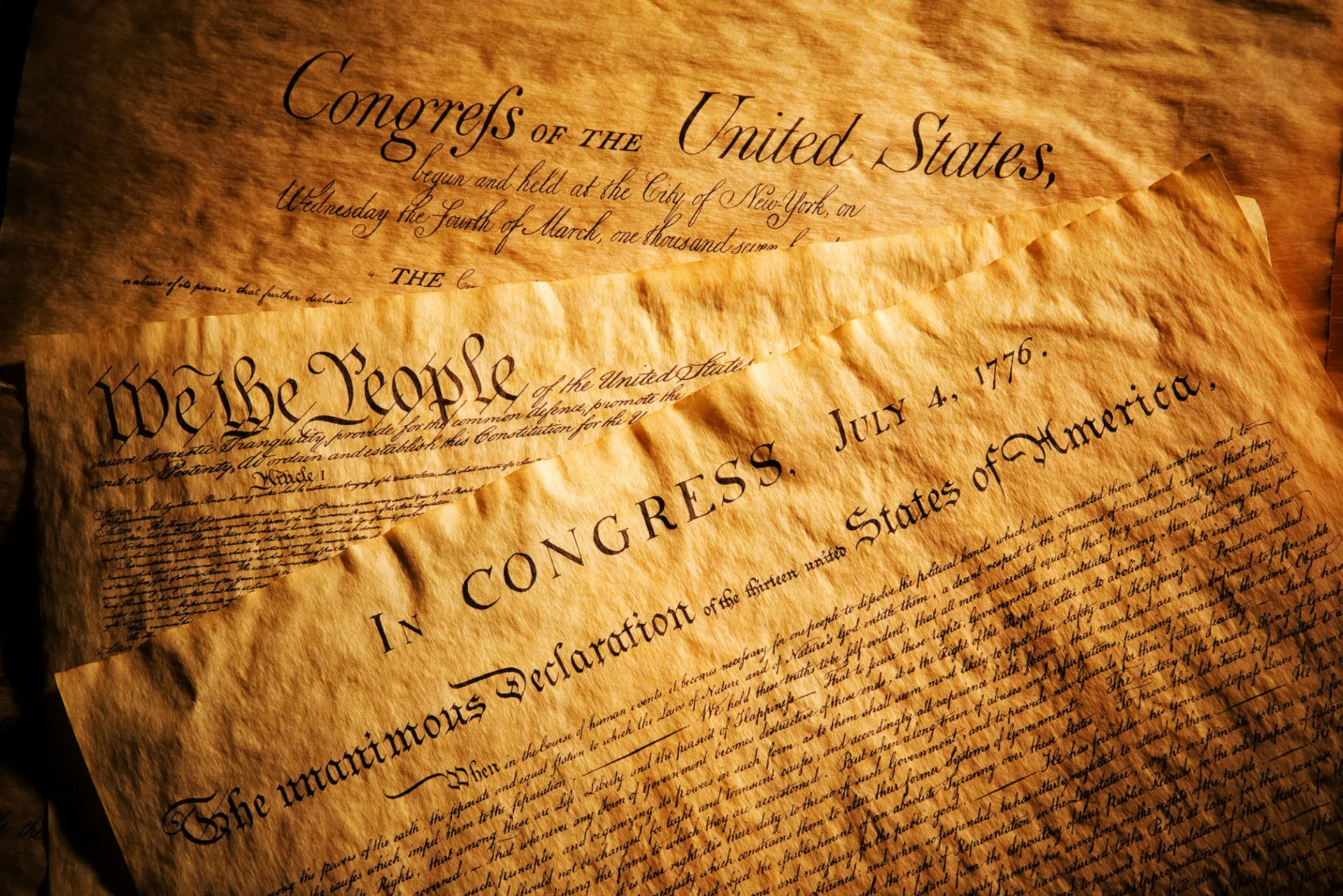 Declaration of Independence, Constitution and Bill of Rights, three of the most important documents in the history of the United States of America