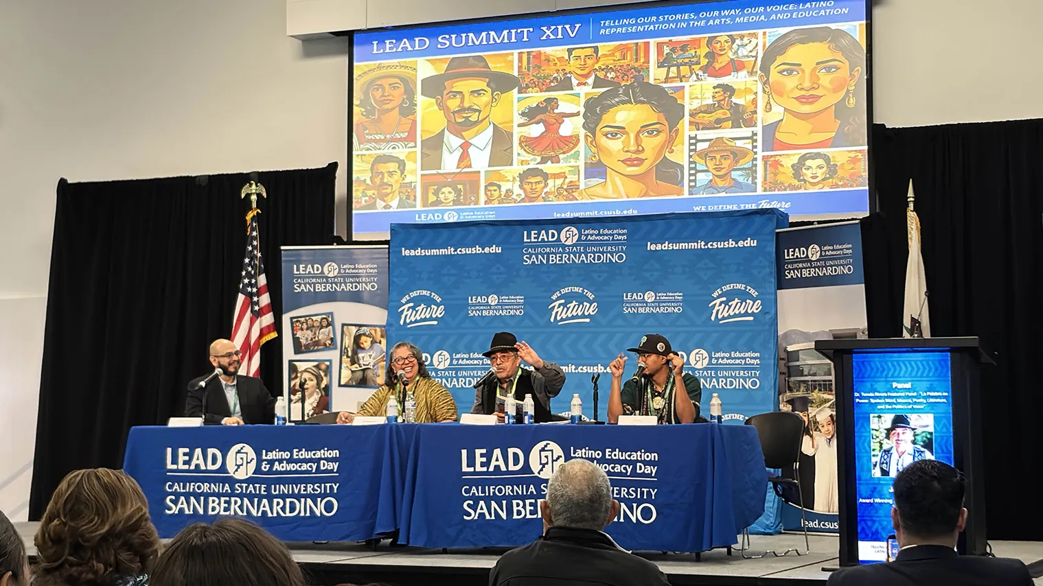Jerry Tello (third from the right), an award-winning author, storyteller and clinical psychologist, speaks during the Tomás Rivera Featured Panel, “La Palabra as Power: Spoken Word, Música, Poetry, Literature, and the Politics of Voice,” at the summit on Oct. 3 at Cal State San Bernardino.