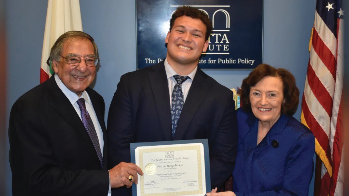 Marius Wong Ah Sun (center) with Leon Panetta, chairman of the Panetta Institute for Public Policy and former U.S. secretary of defense (right) and Sylvia Panetta, co-chair and CEO, Panetta Institute for Public Policy. Wong Ah Sun was a 2025 Panetta Institute for Public Policy Congressional Intern. 