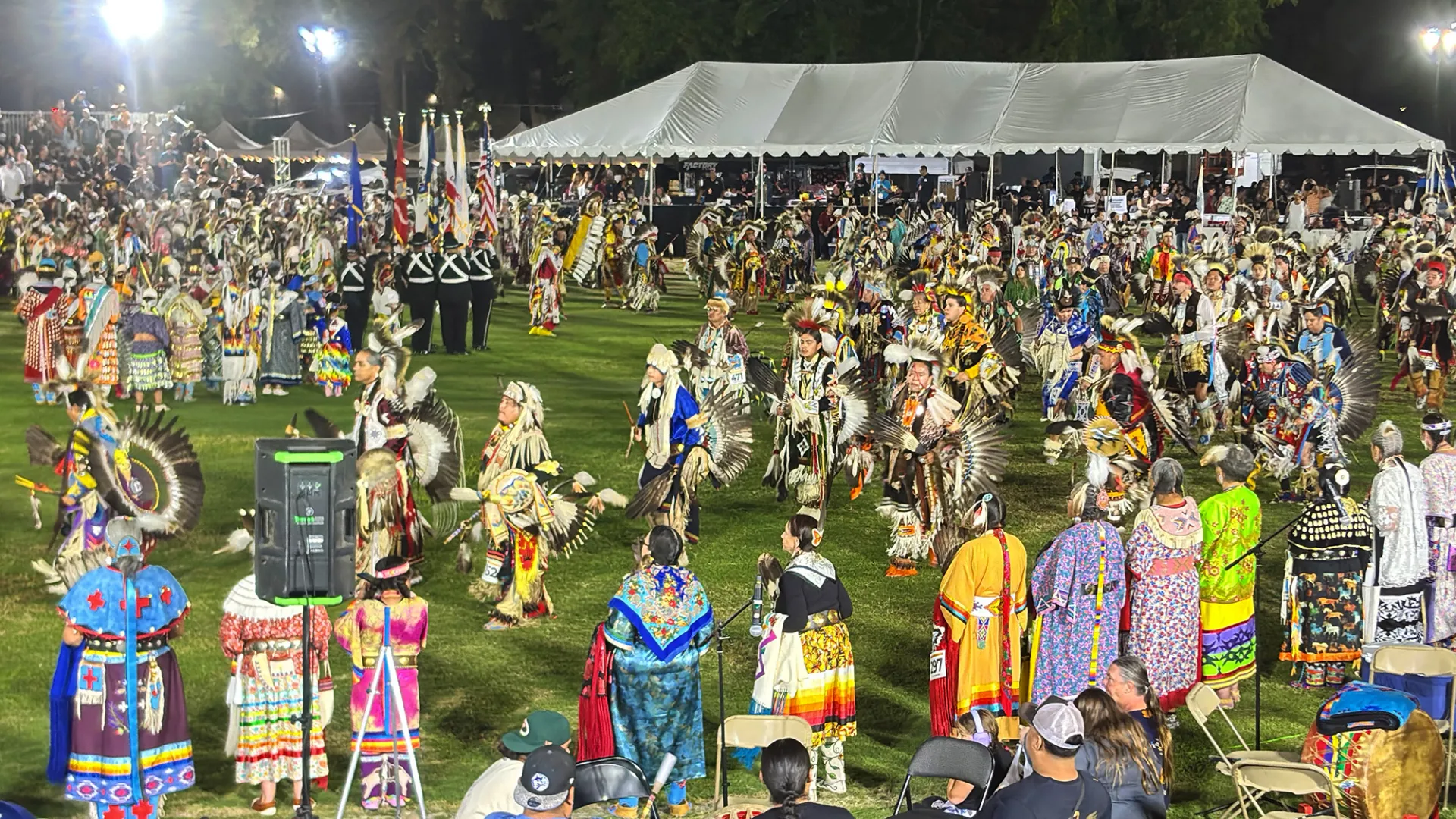 Native American dancers fill the arena during the Grand Entry on Sept. 20 at the San Manuel Pow Wow at Cal State San Bernardino.