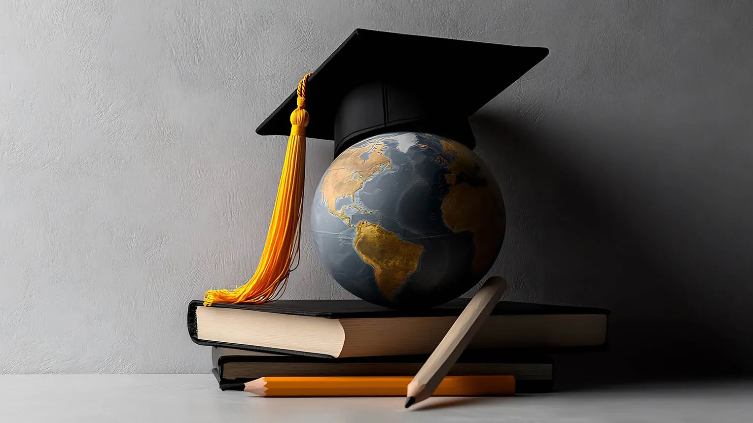 AI-generated illustration of a mortar board on a small globe, illustration academic research.