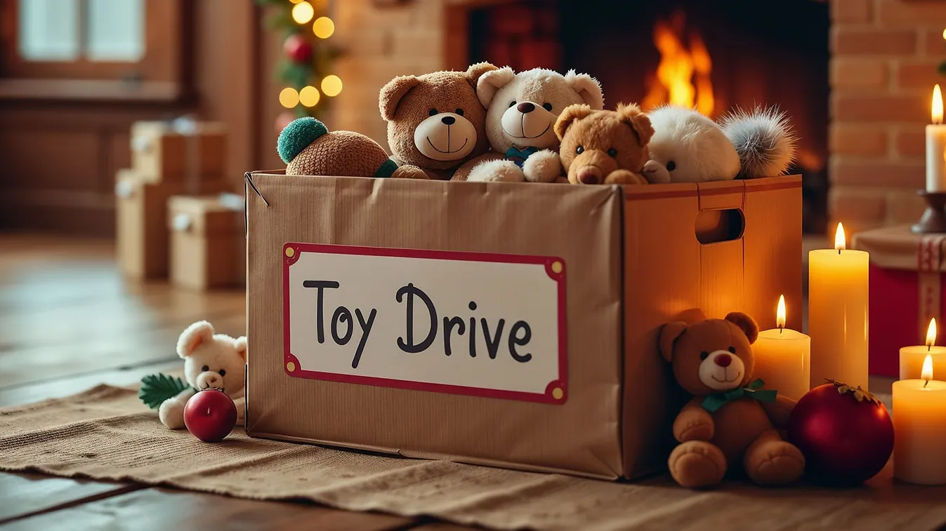 Photo of toys in a box in a holiday setting.