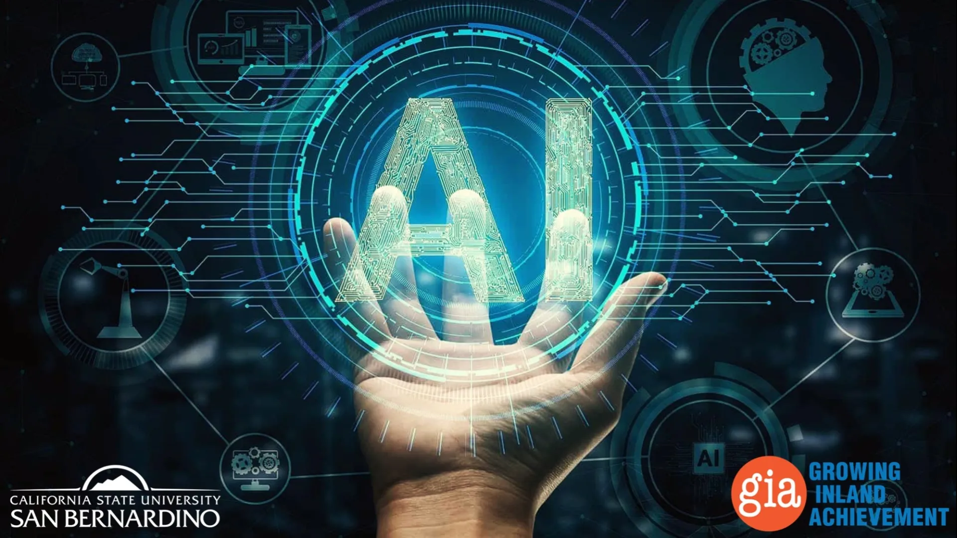 Stock art illustration of AI with CSUSB and GIA logos.