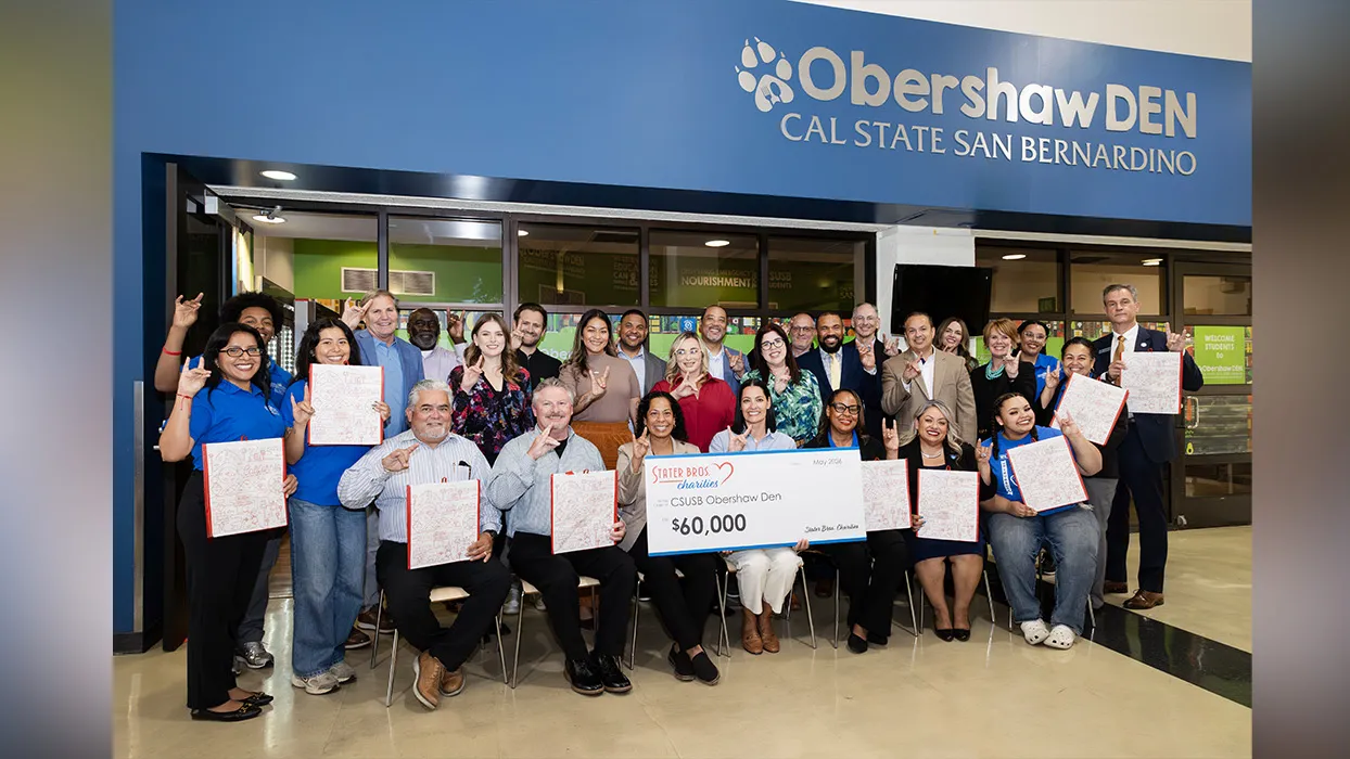 Cal State San Bernardino hosted a check presentation ceremony celebrating a $60,000 donation from Stater Bros. Charities to the Obershaw DEN food pantry, which will help ensure CSUSB students have access to the food, supplies and support they need to succeed.