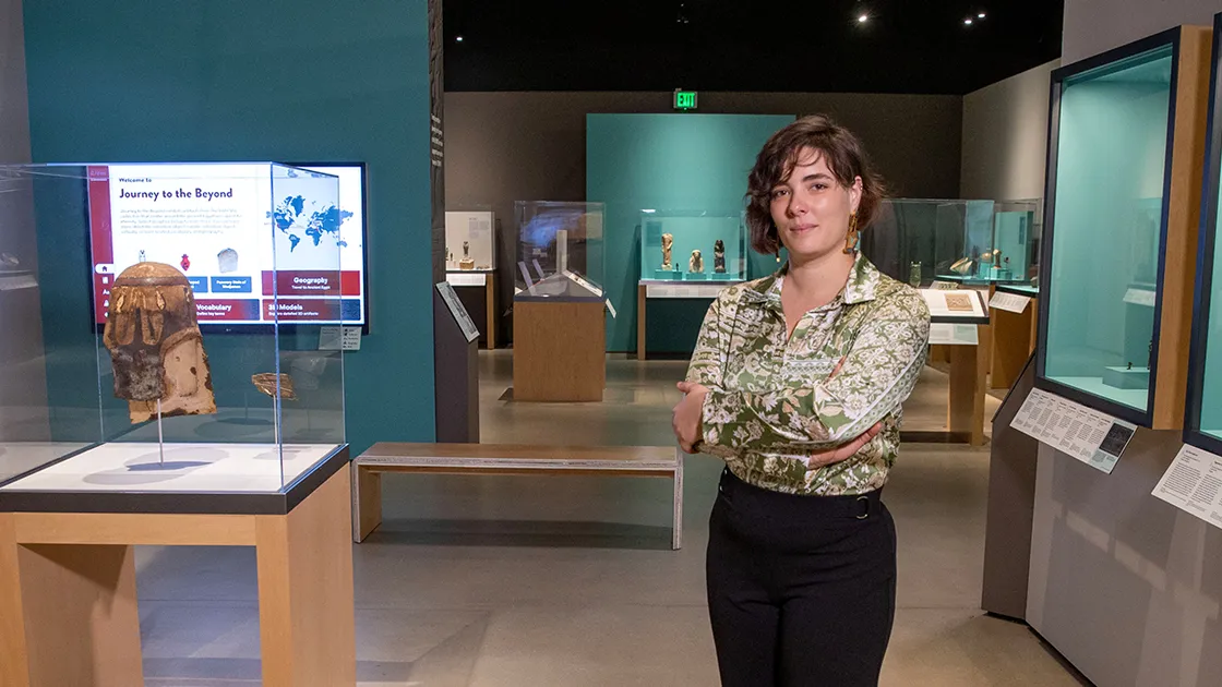 Axelle Brémont posing at the Robert and Frances Fullerton Museum of Art 