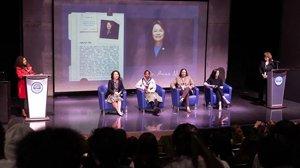 The ShEconomy panel discussion featured four accomplished panelists representing entertainment, banking and higher education, from right: Miranda Lee, a CSUSB alumna and leadership and culture programs lead at Prime Video & Amazon Studios; Kara Dutton, a CSUSB alumna and vice president and business banking relationship manager II at PNC Bank; Nefertiti Long, chief operating officer of Alta Loma Enterprises; and Anna Ni, associate dean of the Jack H. Brown College of Business and Public Administration.