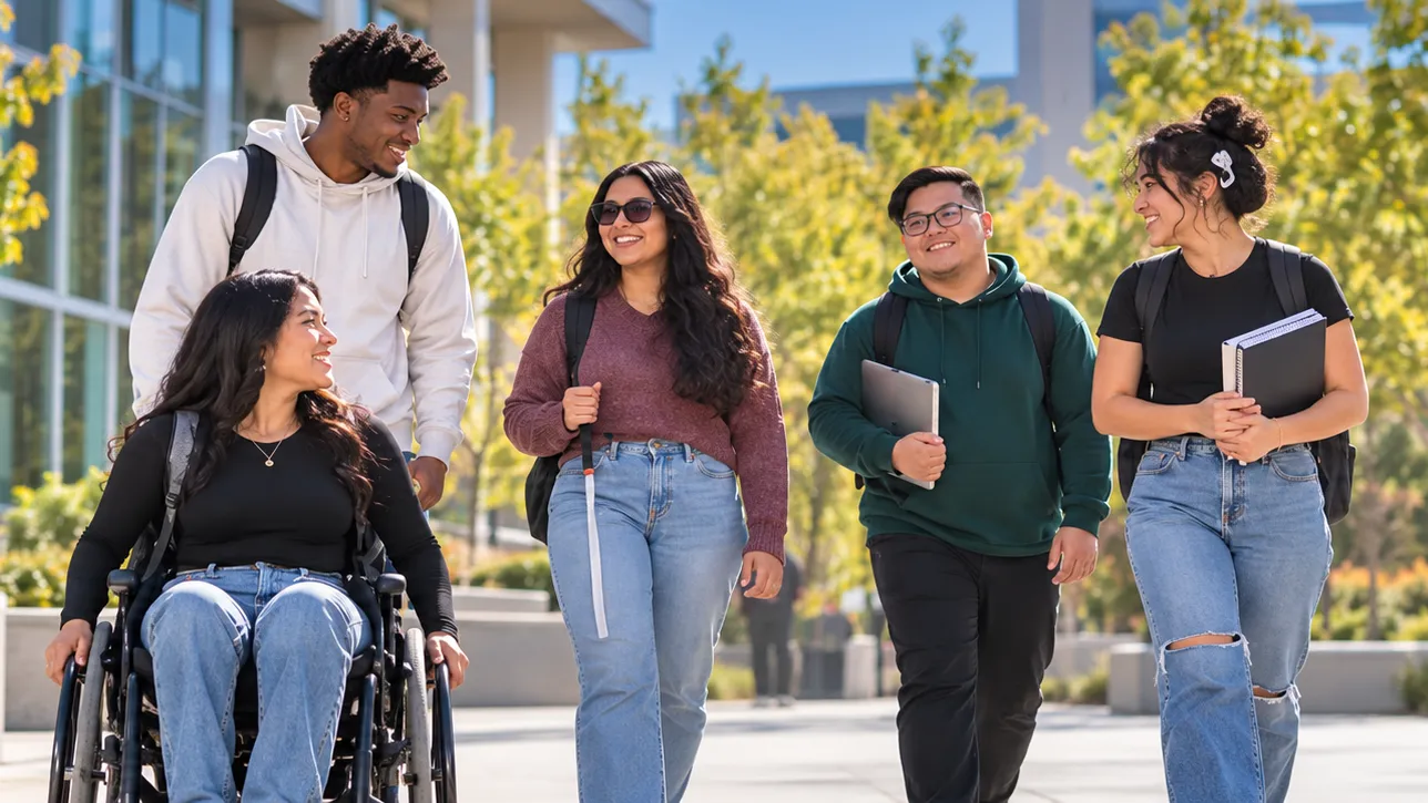 A diverse group of five smiling university students walk and roll together down a sunny outdoor campus pathway lined with green trees and modern buildings. A female student in a wheelchair leads the group on the left while talking to a male student walking next to her. In the center, a female student wearing sunglasses walks with a white cane, while two other students walk beside her carrying notebooks and a laptop, all engaged in conversation.