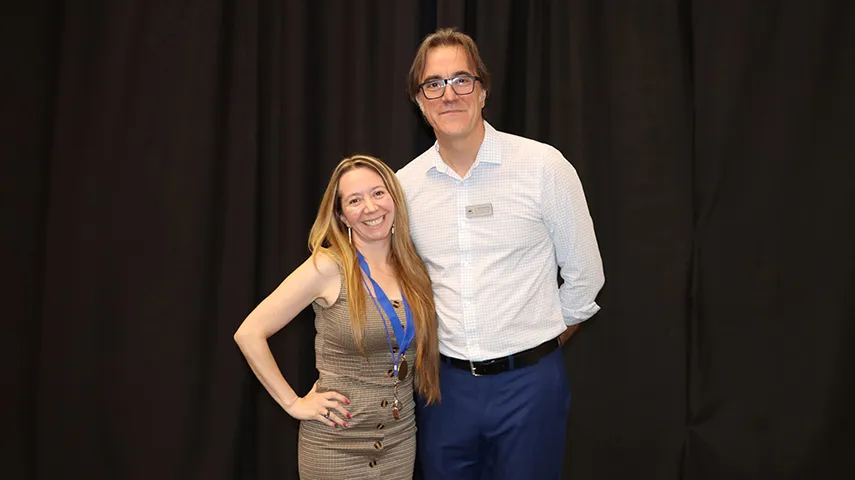The 2026 Outstanding Spanish Bilingual Authorization Student Award recipient Lady Caterine Guillen (left) with Jordi Solsona-Puig, bilingual coordinator and assistant professor of education.