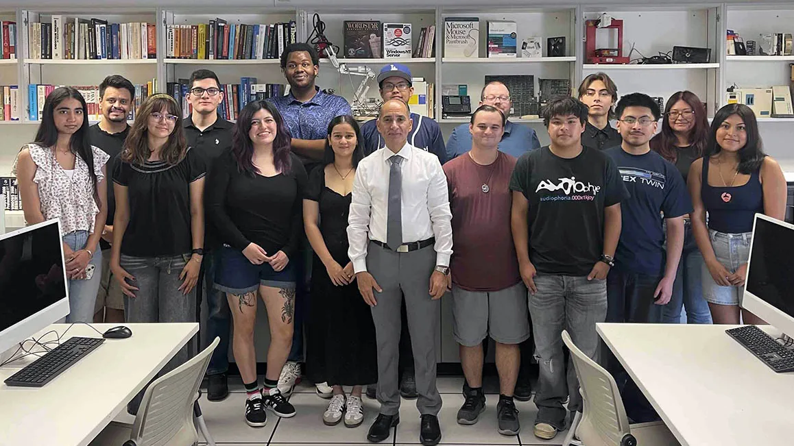 Nabeel Alzahrani, center, with his 2026 Summer AI Student Research Assistants at CSUSB’s AQFS Research and Training Lab.