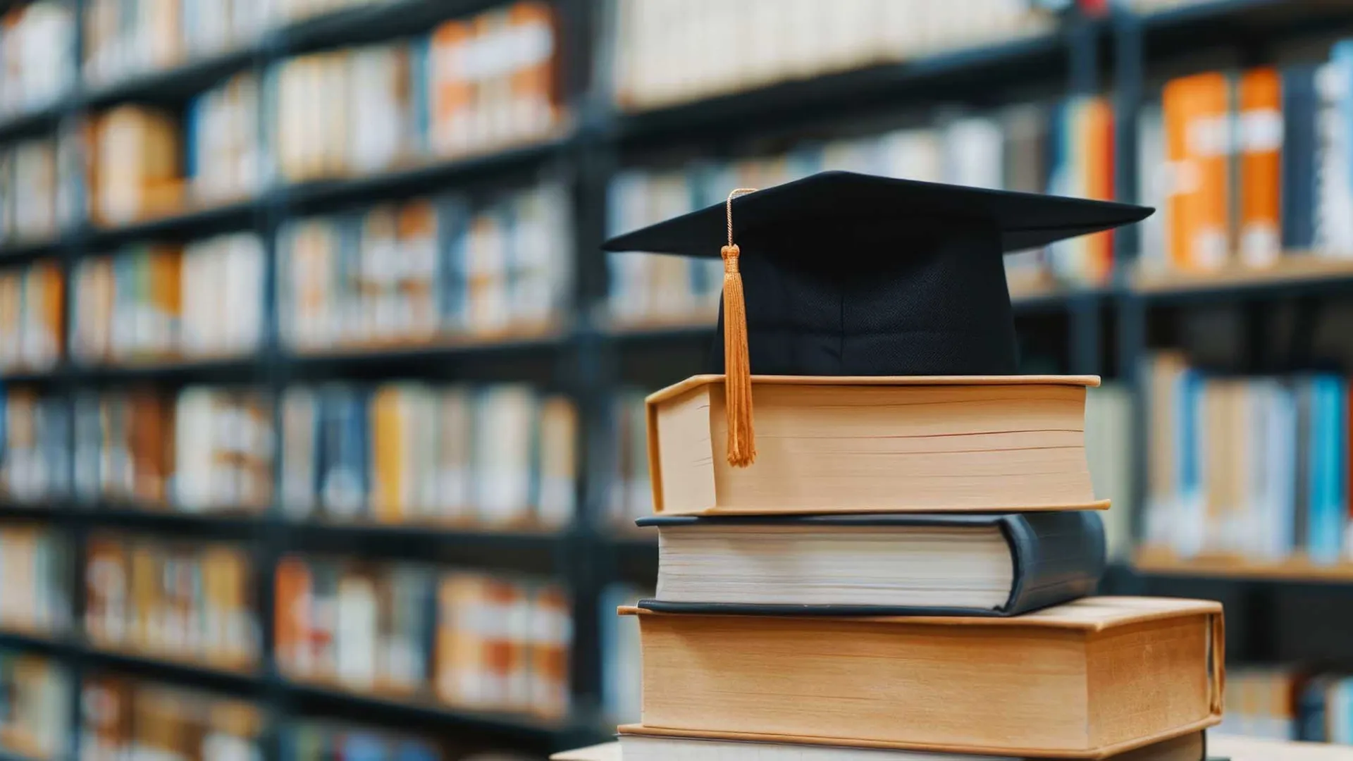 Photo illustration of a mortarboard on top of books, symbolizing academics.