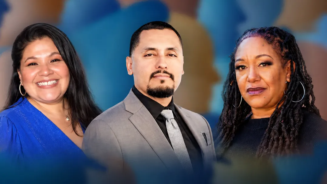 Guests in two upcoming Conversations on Race and Policing, from left: Mia Arredondo, Edwin Cruz and Cat Brooks, overlaid on a multi-colored background.