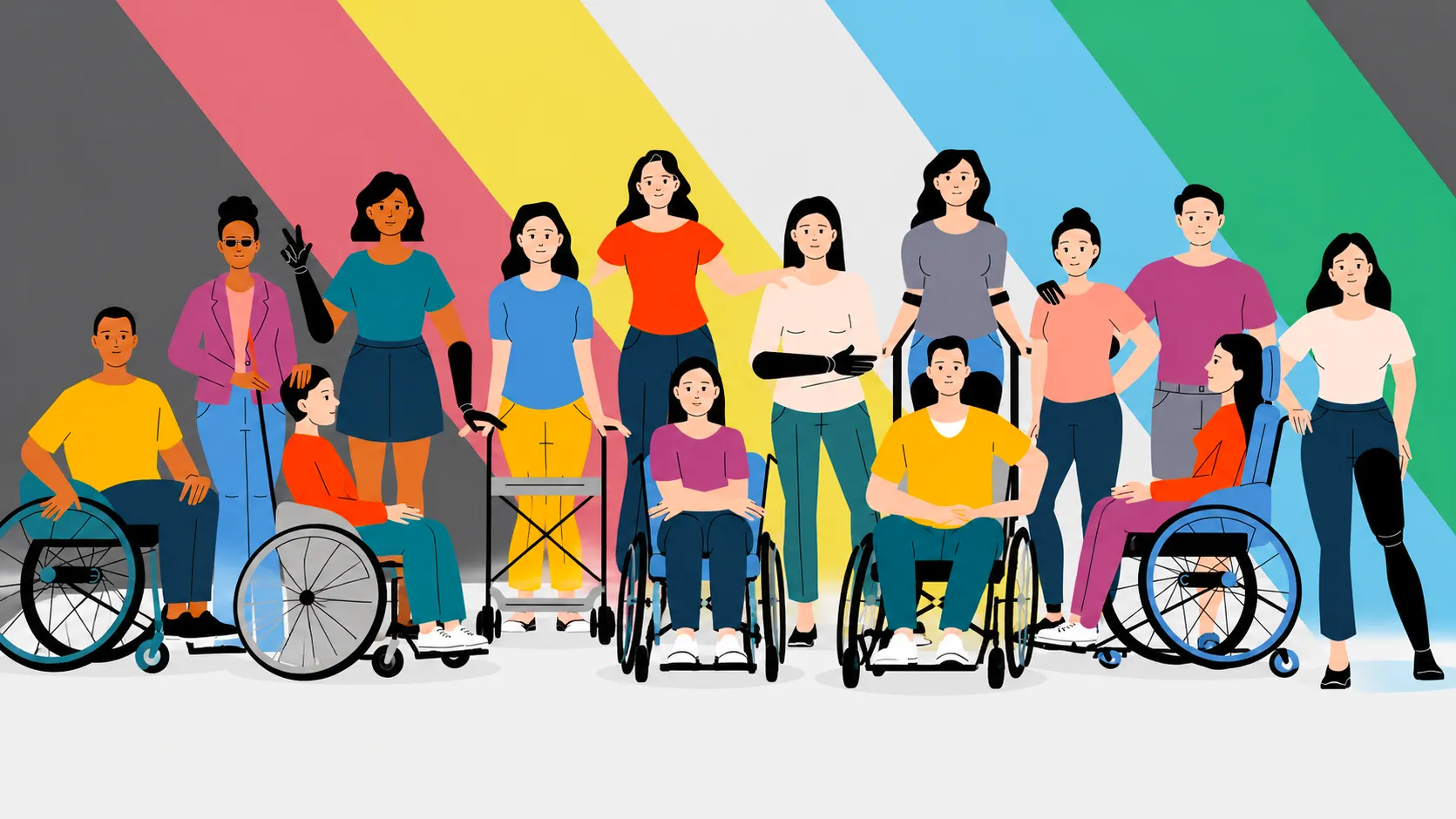 Illustration of people of various disabilities, genders and ethnicities against a rainbow background.