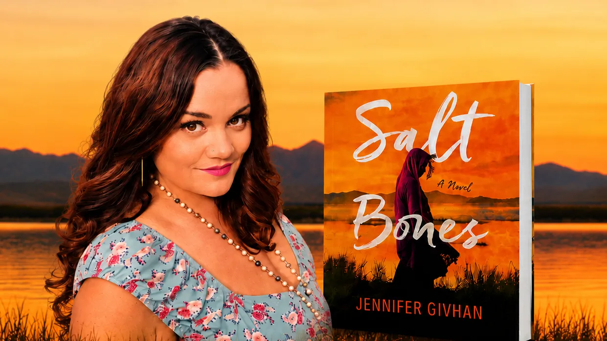 Photo illustration of author Jennifer Givhan and the cover of her book, “Salt and Bones.”
