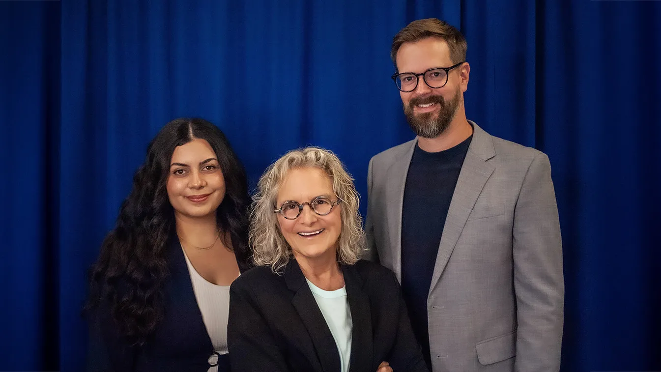 The “Education Insight” team consists of CSUSB alumni (from left) Alyssa Silva, associate producer; Lacey Kendall, host; and Matt Shaw, production engineer. Not pictured is Jacob Poore, executive director.
