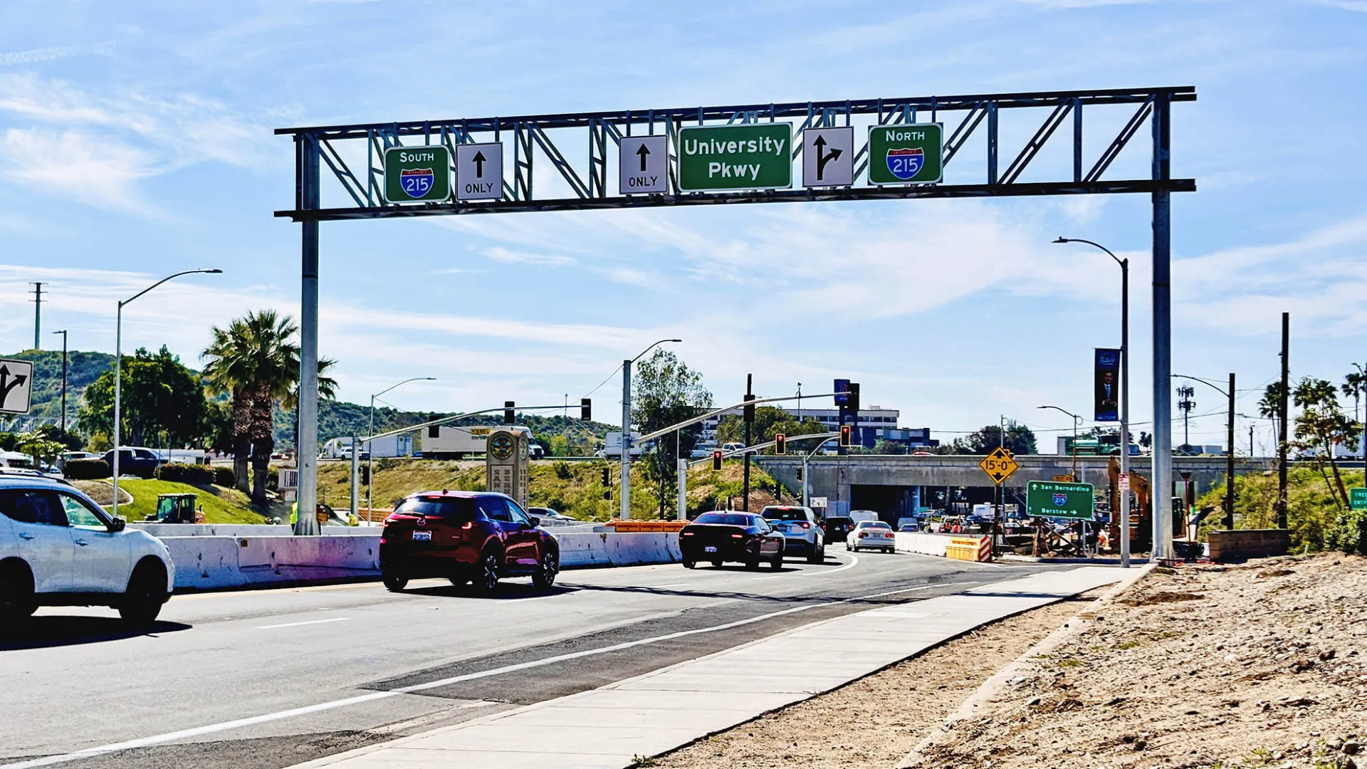 Traffic moves through the University Parkway-Interstate 215 interchange, looking south toward the freeway overpass.