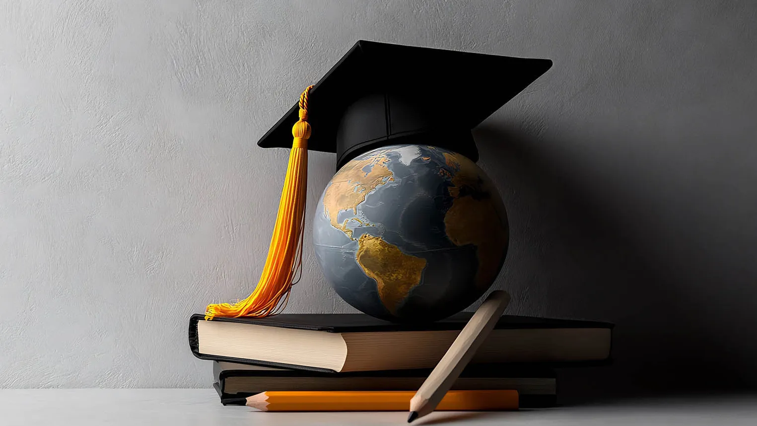 Photo of a mortarboard on top of a small globe that sits on a couple books.