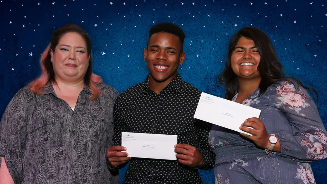 From left, Amanda Robles, assistant director of the Educational Opportunity Program (EOP) at CSUSB; Kevon Lee, alumni scholar speaker; and Mellisa Casas, Renaissance Scholars Program alumna at a 2019 EOP event. 