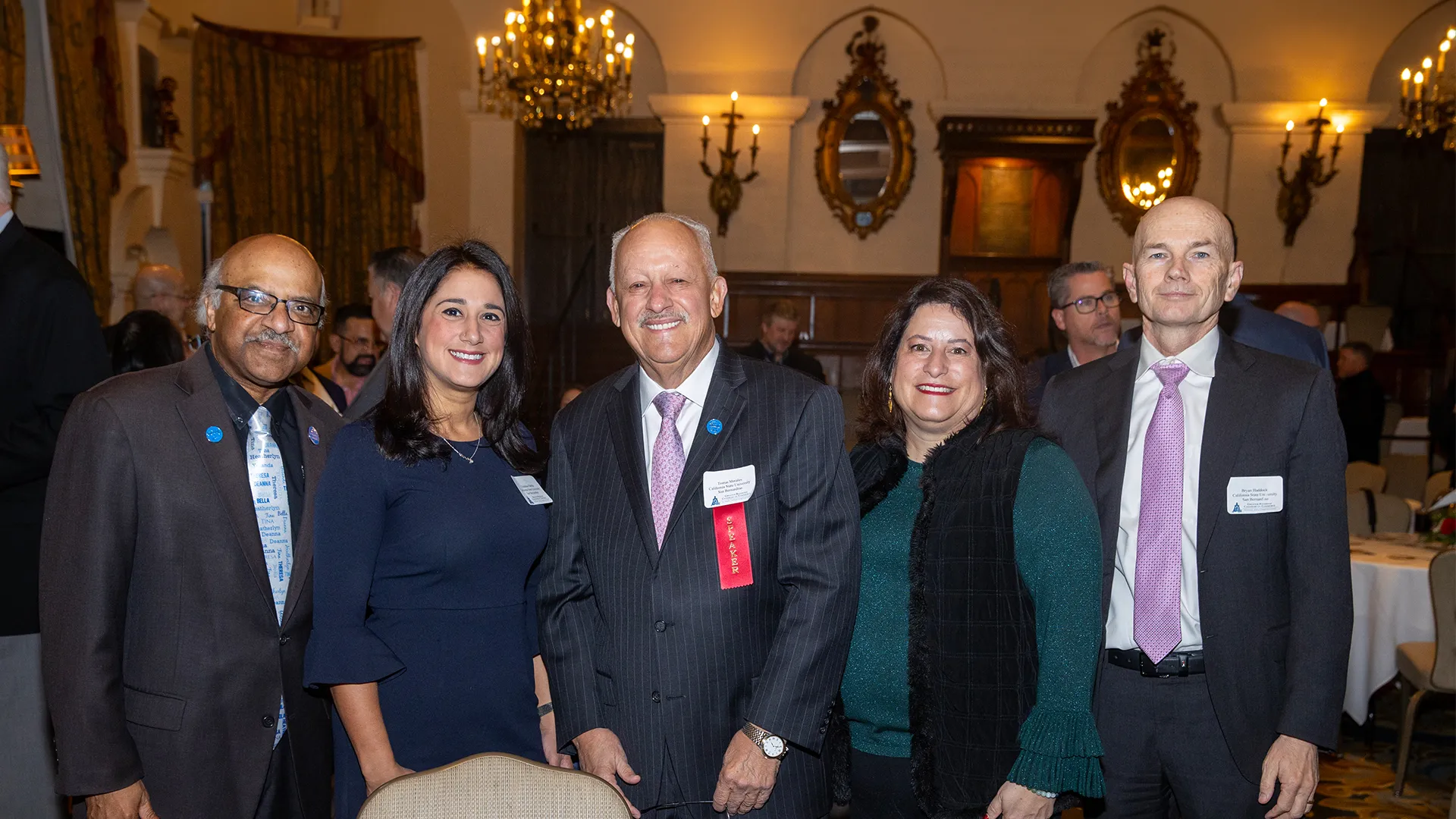 From left, Sastry Pantula, dean of the College of Natural Sciences; Christina Hassija, dean, College of Social and Behavioral Sciences; CSUSB President Tomás D. Morales; Marisa Yeager, associate vice president, government and community relations; and Bryan Haddock, chief of staff and associate vice president.