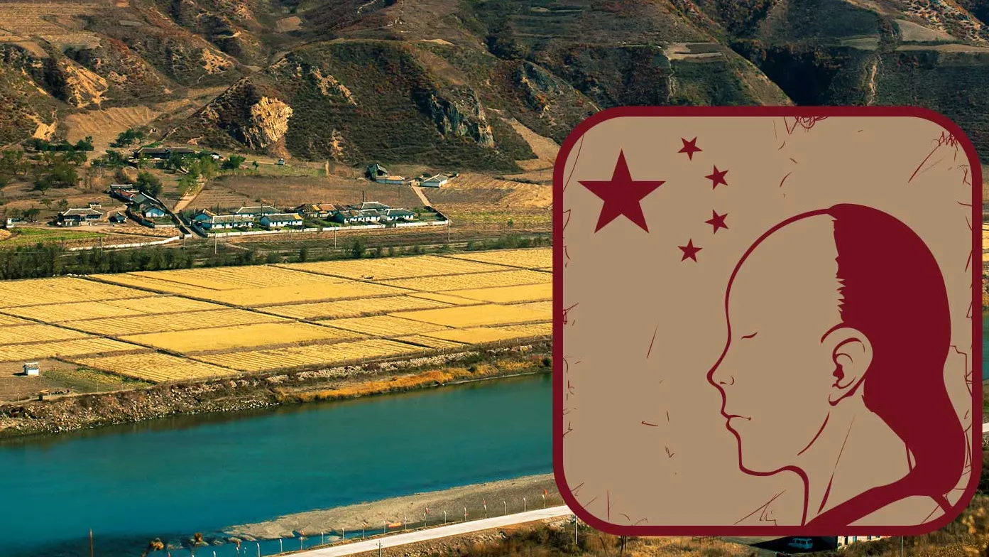 A composite image: The Yumen River and an illustration of a Manchu queue