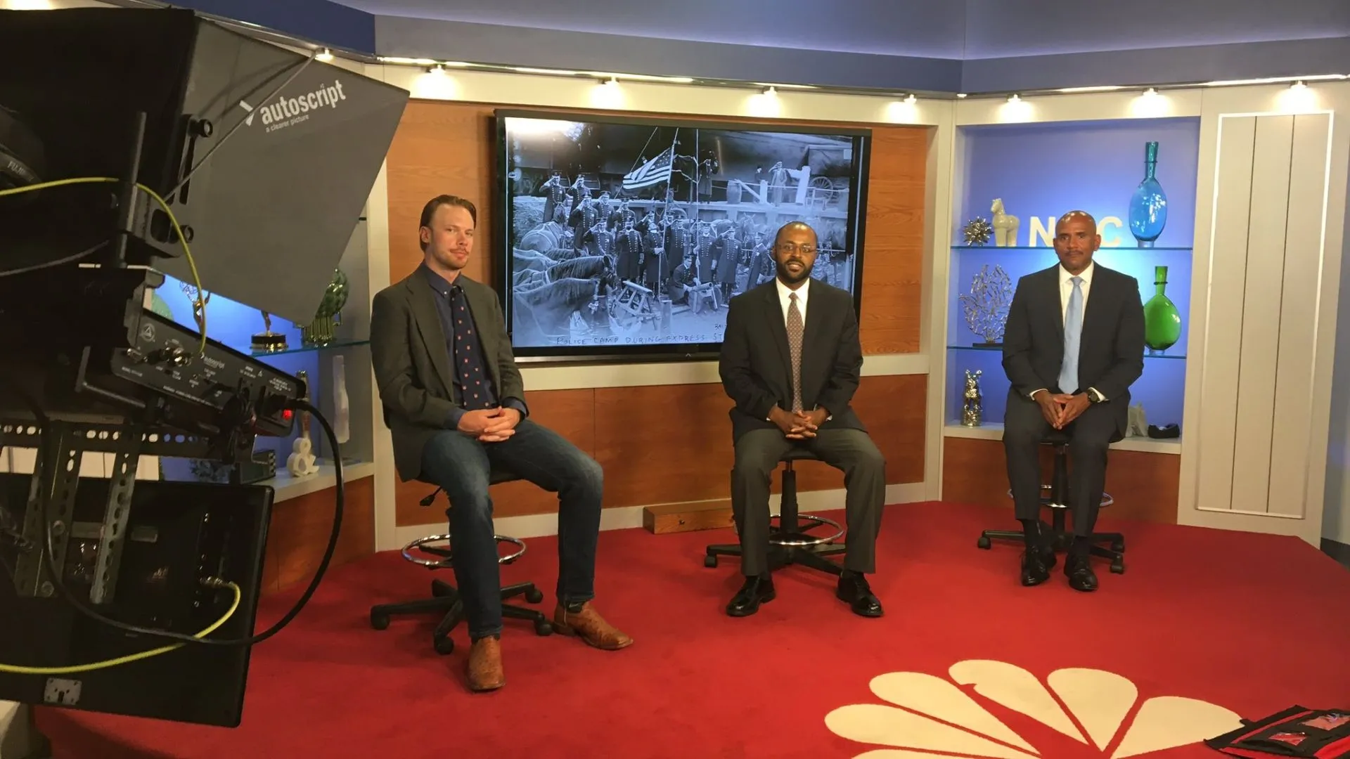 From left, Zachary Powell, Marc Robinson and Rafik Mohamed on the set at NBC Palm Springs. Photo by NBC Palm Springs