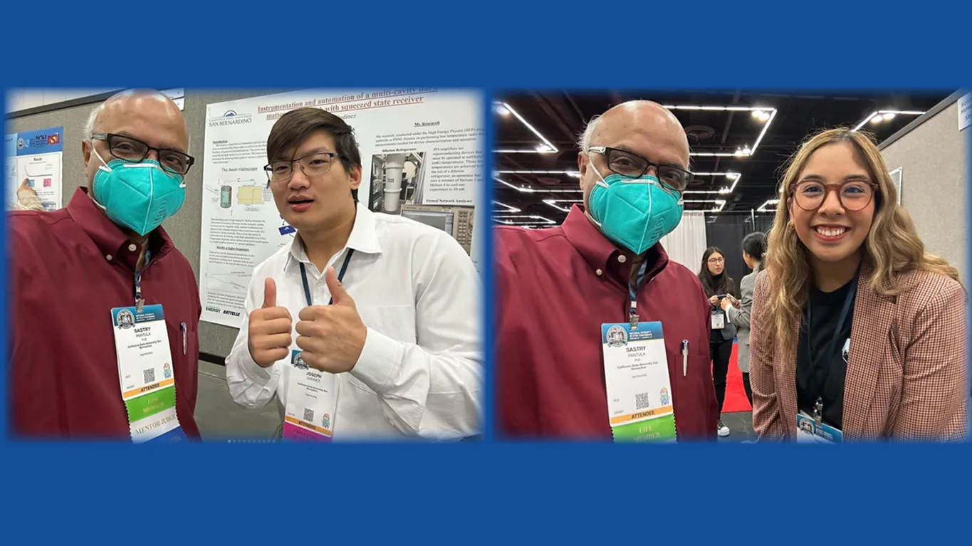 Sastry Pantula, dean of CSUSB’s College of Natural Sciences, with student Joseph Godinez (left photo) and Tania Gonzales at the 2023 National Diversity in STEM Conference held by SACNAS (Society for Advancement of Chicanos/Hispanics and Native Americans in Science).
