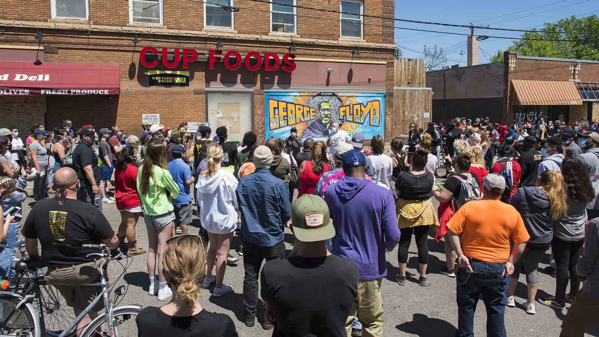 A rally at the spot in Minneapolis, Minn., where George Floyd was killed in May 2020, which sparked widespread protests and discussions on race, police brutality and policing reform.