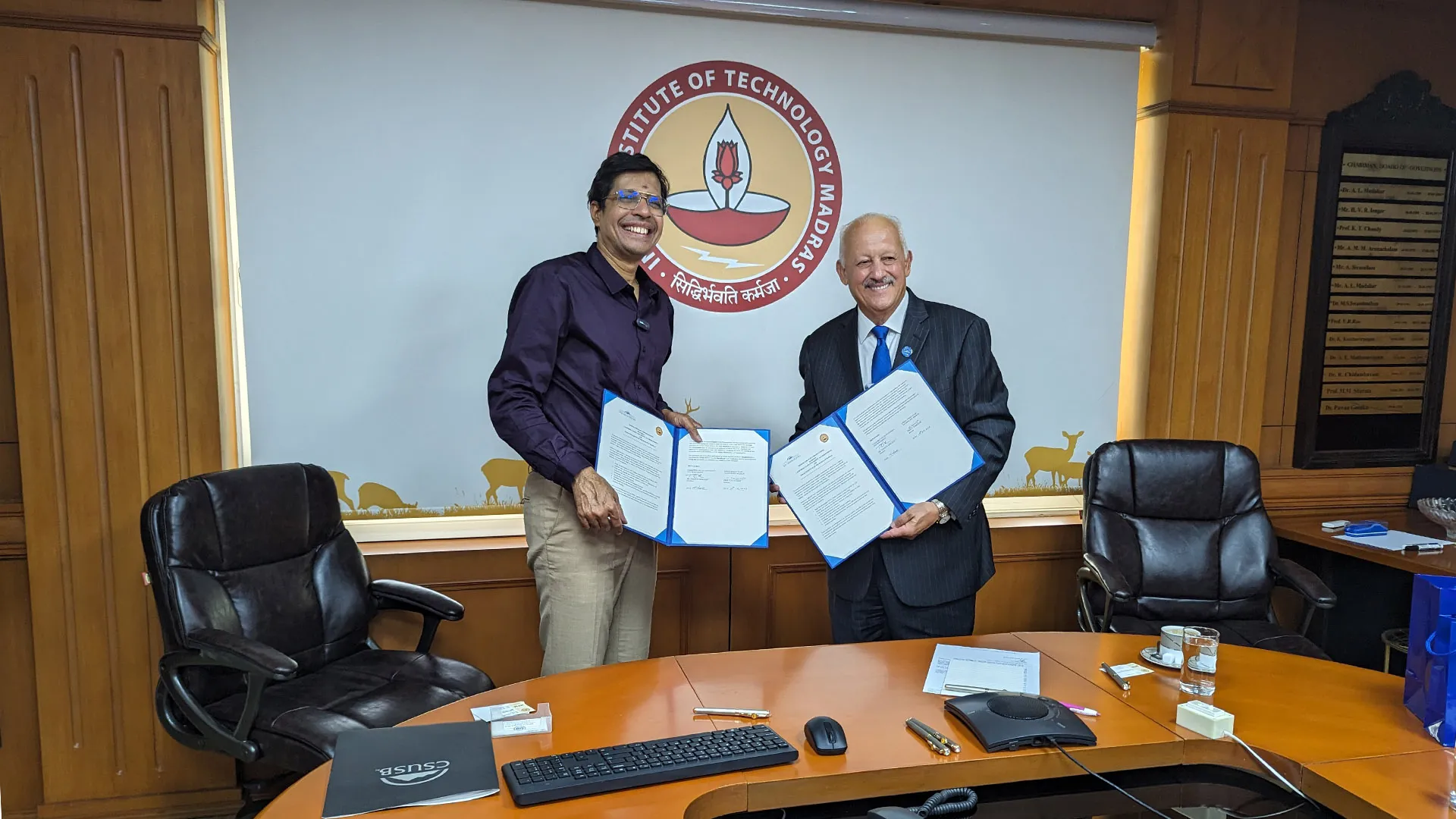 IIT Madras Director Prof. V. Kamakoti (left) and CSUSB President Tomás D. Morales have signed a memorandum of understanding agreement aimed at fostering educational and cultural ties, promoting research collaboration, and strengthening ties between the two institutions.