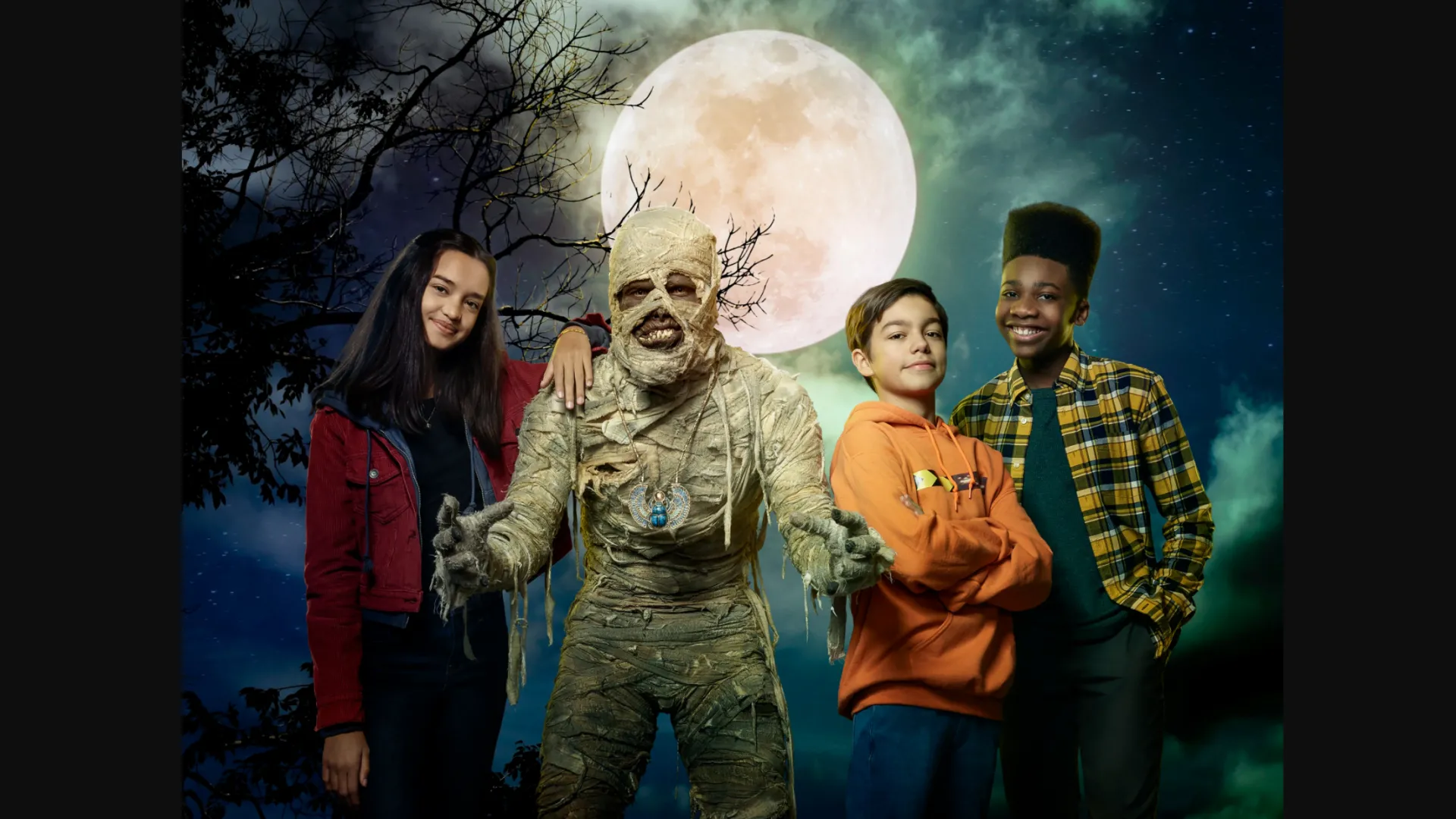  from left, Sophia Hammons as Amy, Phil Wright as Harold the mummy, Malichi Barton as Marshall and Christian J. Simon as Gilbert. 