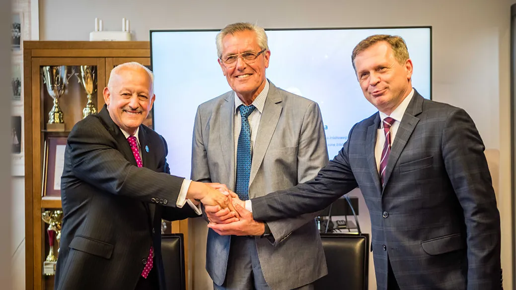 From left: Tomás D. Morales, president, Cal State San Bernardino; Yurii Bobalo, professor, university leadership rector at Lviv Polytechnic National University; and Stanisław Mazur, rector of Krakow University of Economics. CSUSB has entered into memorandums of understanding for academic exchanges programs with each of the two universities.