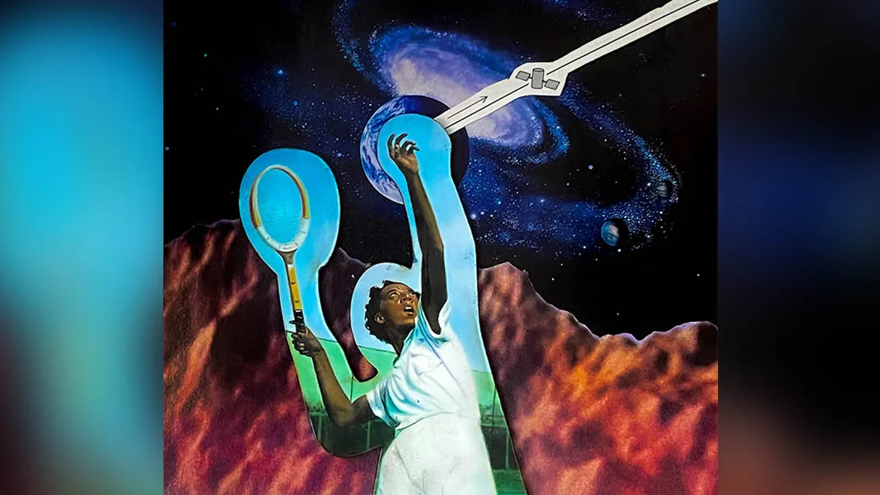 A woman in mid-jump with a tennis racket