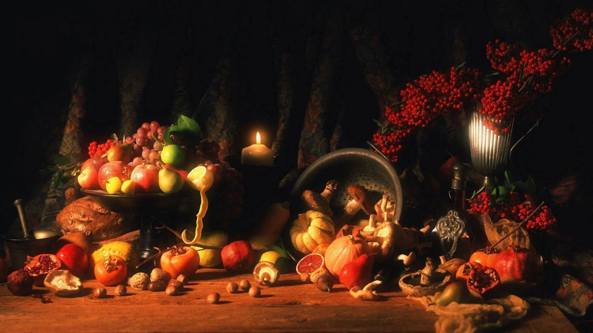 Illustration of a cornucopia of fruits and vegetables.