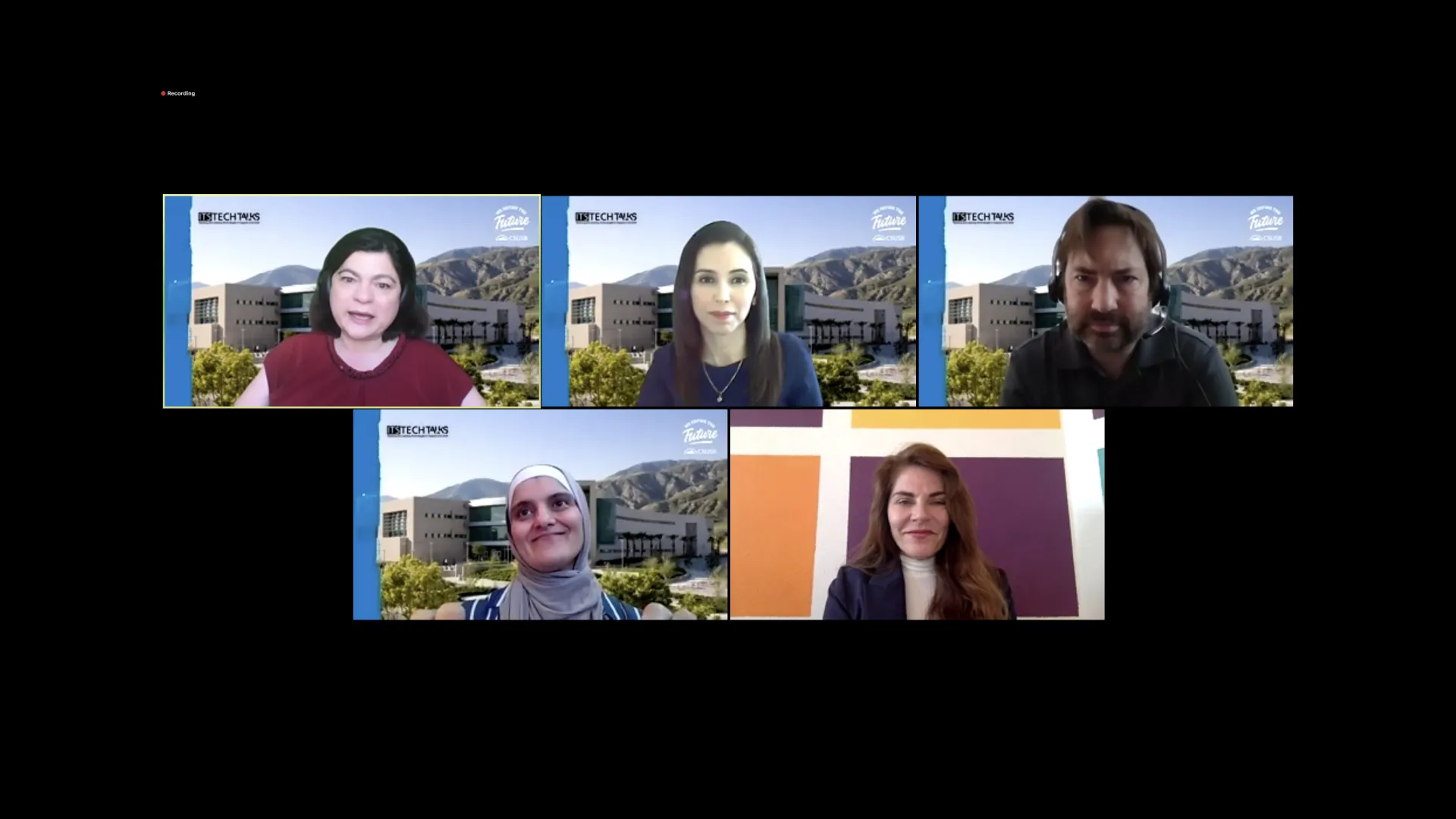 The “Online Education During Unprecedented Times” panelists at the ITS Tech Talks, top from left: Mihaela Popescu, Bibiana Diaz and Craig Seal; bottom from left, Oraib Mango and Sharon Kalkoske.