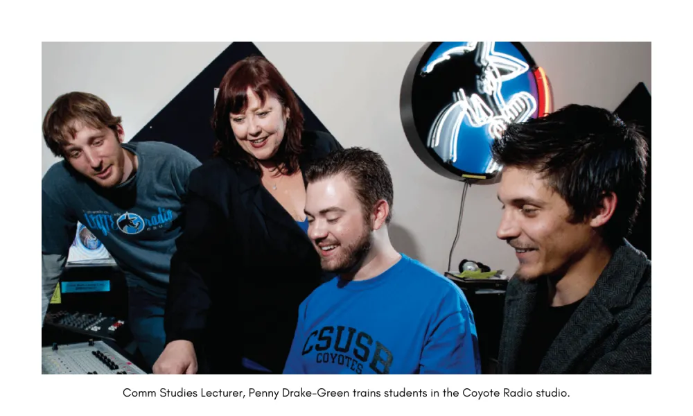 Penny Drake-Green training students in the Coyote Radio studio