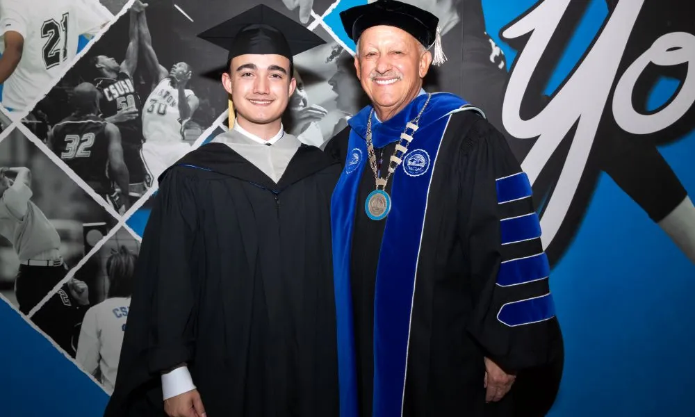 24-12-14-CSUSB—(L to R) Carson Fajardo, President 2023-24, Associated Student Inc. (ASI), California State University, San Bernardino, and Tomás D. Morales, President, California State University, San Bernardino— College of Arts and Letters and James R. Watson & Judy Rodriguez Watson College of Education
