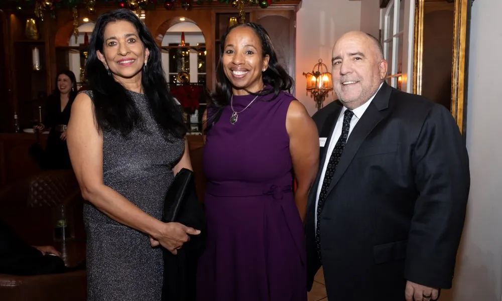 24-12-07-RIVERSIDE—(L to R) Shanthi Srinivas, Dean Emeritus, Jack H. Brown College of Business and Public Administration, CSUSB, Nefertiti Long, Foundation Board Member, CSUSB, and Roderick Hendry, President 1983-1984, Associated Students, Inc. (ASI), CSUSB— President's Holiday Dinner at the Mission Inn in Riverside, California on Saturday, Dec 7, 2024. Photo by Corinne McCurdy/CSUSB