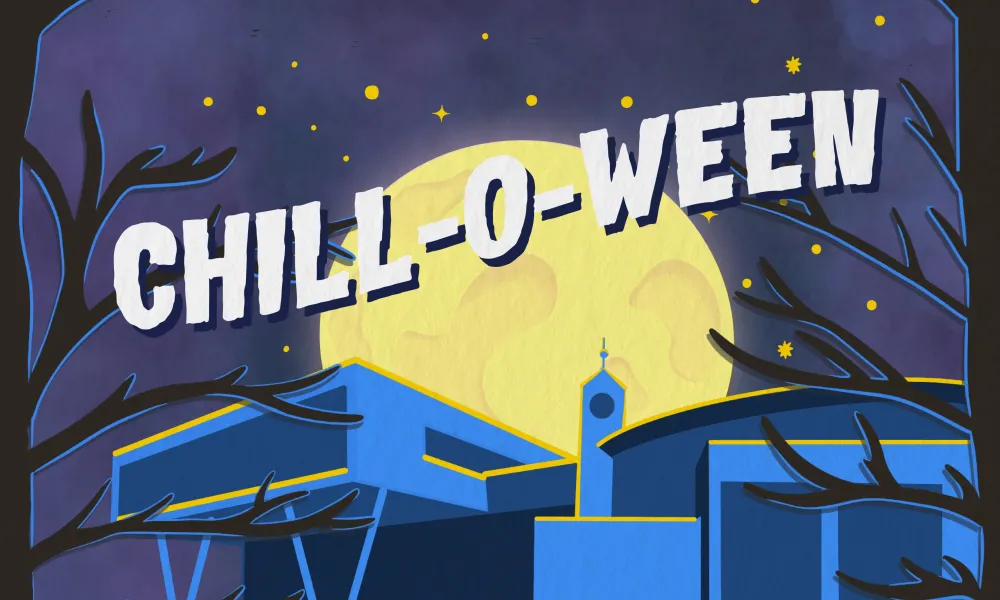  Illustrated Halloween graphic with the words “CHILL-O-WEEN” over a full moon, blue campus buildings, stars, and dark tree silhouettes.