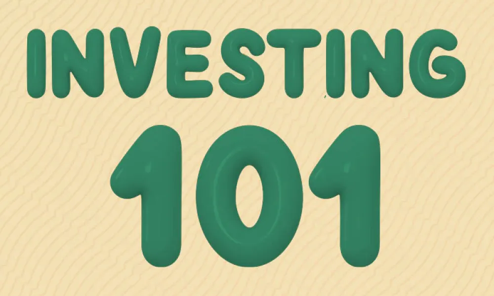 Graphic with “INVESTING” in green, puffy, balloon-style capital letters above a very large green “101,” on a light tan background with faint wavy lines.